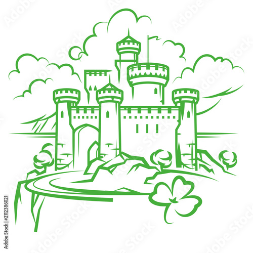 Medieval castle or fortress, linear vector drawing