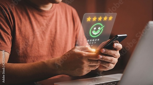 Person using smartphone to give five star positive review feedback concept