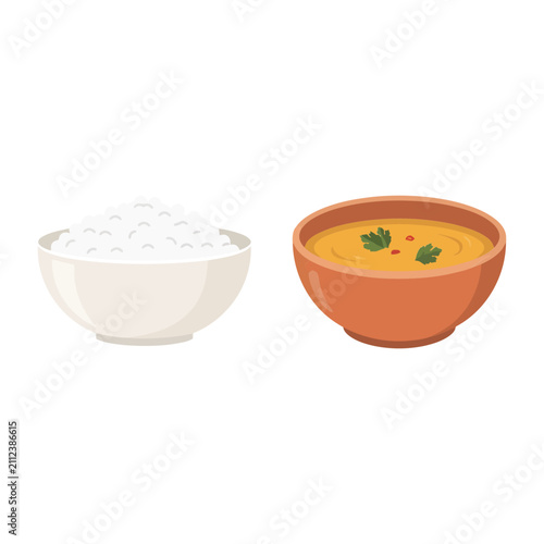 Bowl of steamed white rice next to a bowl of savory vegetable soup with herbs for healthy meal presentation and culinary food