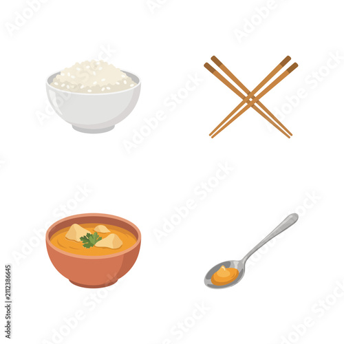 Set of four flat featuring asian food including a bowl of rice wooden chopsticks soup bowl and a spoon with sauce