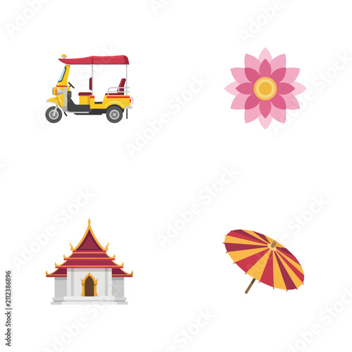 Thai cultural set including a traditional yellow tuk-tuk vehicle, a blooming pink lotus flower, an ornate temple building, and a paper umbrella