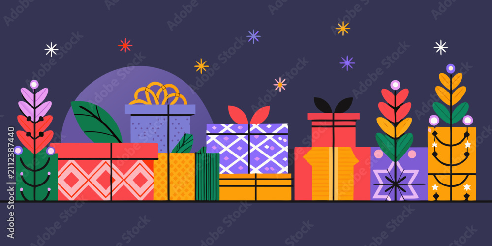 Obraz premium Wrapped gift boxes and stylized plants colorful vector illustration