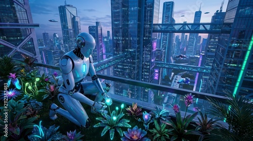 Robot tending glowing plants in futuristic city