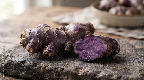 Purple yams and sliced purple yam on stone surface, earthy ingredients for healthy cooking.