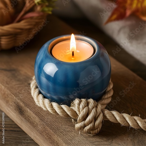 Blue ceramic candle holder with rope decoration on wooden tray