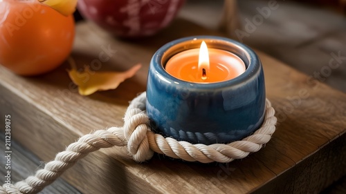 Blue ceramic candle holder with rope handle on wooden board