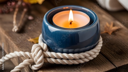 Blue ceramic tea light candle holder with rope wrap on wooden table