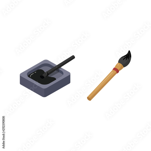 Traditional chinese calligraphy set featuring a square stone inkstone filled with black ink and a wooden brush for artistic writing and painting