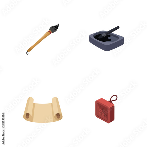 Traditional chinese calligraphy and seal carving set including a brush, an inkstone with ink, a paper scroll, and a red stone signature stamp