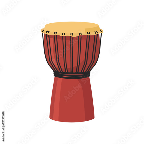 Traditional african djembe drum musical instrument with wooden body and animal skin head isolated on white background, for percussion music