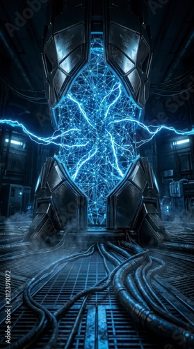 Futuristic energy core with glowing blue network and electricity