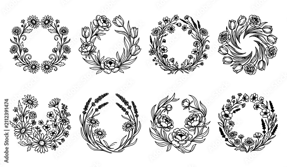 Fototapeta premium Vintage Laurel Wreath Collection with Blooming Floral Round Frames Vector Illustration