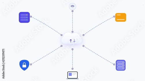 Cloud Data Synchronization and Cyber Infrastructure Motion Graphic in Light Mode