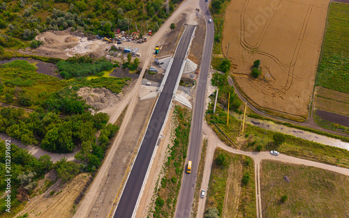 Canvastavla Road and bridge under repair top view aerial perspective, highway construction e