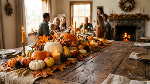 A festive thanksgiving background featuring a rustic wooden dining table decorated with pumpkins autumn leaves candles and a blurred family gathering dinner