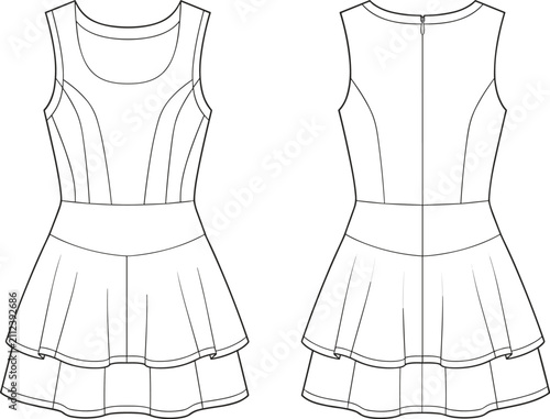 Women's Sleeveless Fit and Flare Dress Technical Fashion Flat Sketch Front and Back TemplateWomen's Sleeveless Fit and Flare Dress Technical Fashion Flat Sketch Front and Back Template