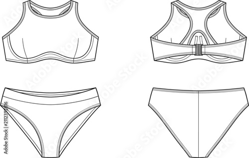 Women's Sports Bikini Swimwear Technical Fashion Flat Sketch Front and Back TemplateWomen's Sports Bikini Swimwear Technical Fashion Flat Sketch Front and Back Template