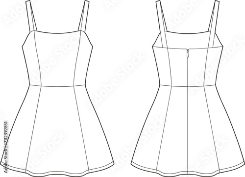 Women's Spaghetti Strap Fit and Flare Dress Technical Fashion Flat Sketch Front and Back TemplateWomen's Spaghetti Strap Fit and Flare Dress Technical Fashion Flat Sketch Front and Back Template