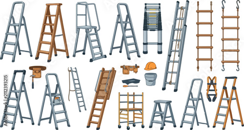 Step Ladder and Rope Ladder Cartoon Vector Tool Collection Set