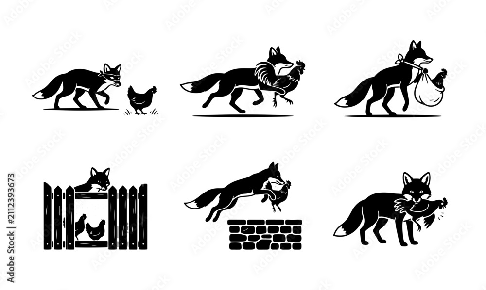 Fototapeta premium 70 Fox and Chicken Story Icons, Woodland Animal Fable Illustrations, Black and White Vector Graphics for Children's Books and Nature Themes 100