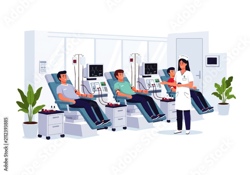 Vector flat design illustration of patients receiving dialysis treatment in a modern medical clinic with nurses