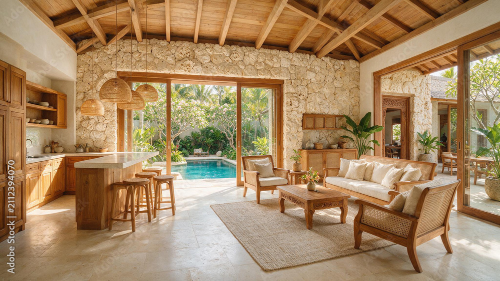 Fototapeta premium Luxury Tropical Residence Interior with Balinese Style