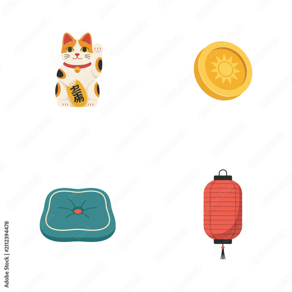 Fototapeta premium Traditional japanese lucky set featuring a maneki neko cat a gold coin a green cushion and a red paper lantern on white background