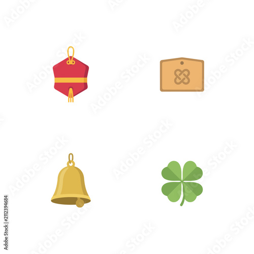 Collection of traditional japanese lucky charms featuring red amulet wooden ema prayer tablet golden bell and green four leaf clover symbol