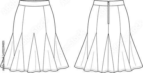 Bild auf Leinwand Technical Fashion Flat Sketch of Flared Skirt with Waistband and Center Back Zip