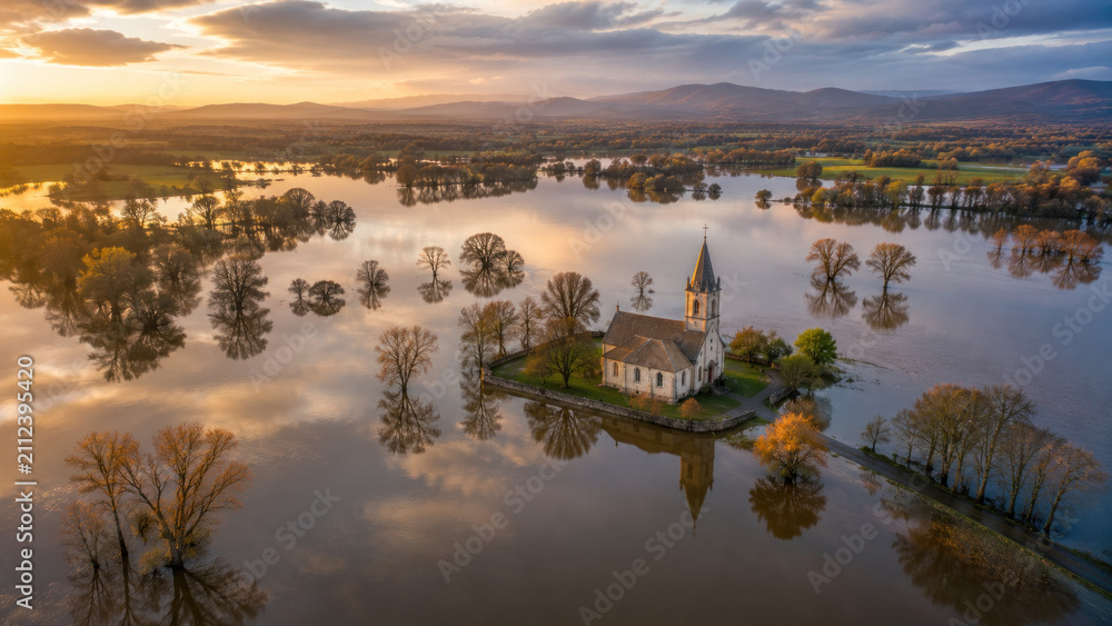 Fototapeta premium Christianity Seen From Above – Rural Church Surrounded by Calm Floodwaters, Symbolic Aerial Landscape Representing Hope, Endurance and Renewal