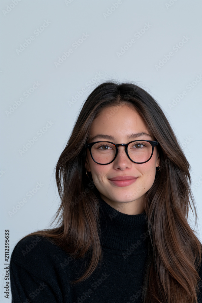 Obraz premium confident woman portrait with natural beauty and copy space, modern professional female headshot on a minimal background, elegant brunette woman in a clean contemporary studio portrait