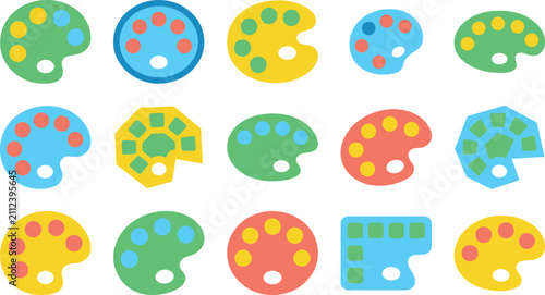 Set of colorful artist paint palettes with various paint colors isolated on a white background