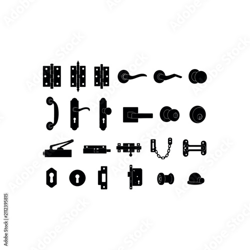 Various door hardware and locking mechanisms in black silhouette