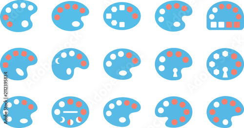 Set of fifteen colorful artist paint palette icons with various designs isolated on a white background