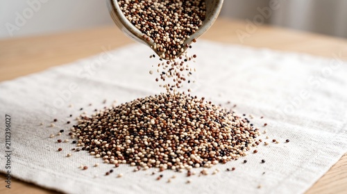 Tri color quinoa grains pouring from bowl onto natural linen cloth, close up food detail.