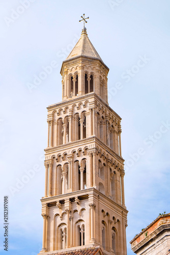 Принти на полотні Closeup and detail zoom in of the Romanesque bell tower of the Cathedral of Sain