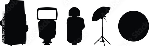 Картината върху платно Photography lighting and gear vector silhouette set featuring camera speedlight