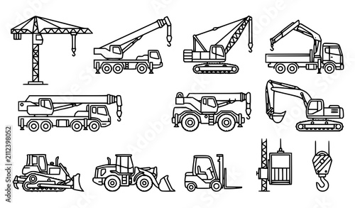Fotografie Tower mobile crawler crane excavator and construction machinery editable line ic