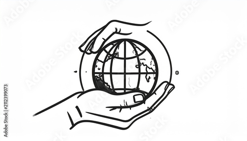 Hand drawn sketch of two human hands gently holding and protecting the planet earth globe