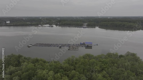view of oyster farming rafts on the river in Long Son, near Ho Chi Minh City, Vietnam.