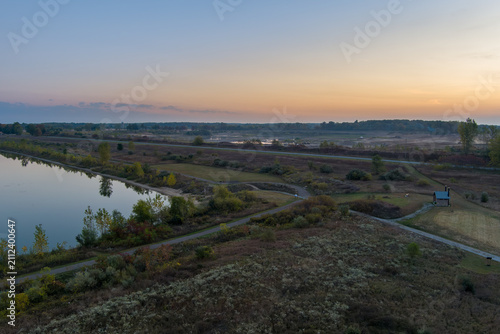 Scenic aerial landscape view with Crandell lake and winding path