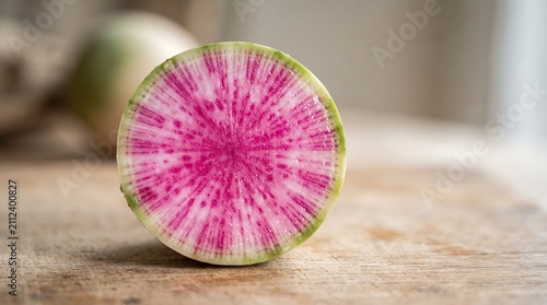 Watermelon radish slice showing vibrant pink interior pattern against blurred light wooden background.