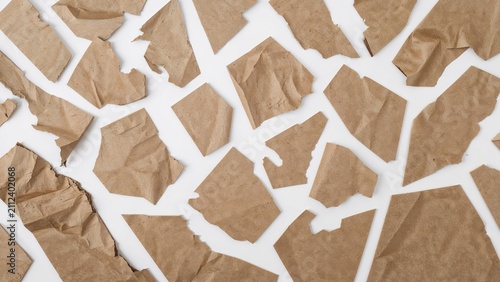 Various torn pieces of brown paper scattered on a white background.