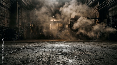 Dark moody industrial workshop with thick smoke and textured ground for dramatic cinematic atmosphere
