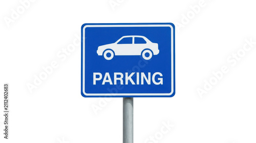 Blue parking sign with car icon. Road traffic signal indicating a designated parking area.