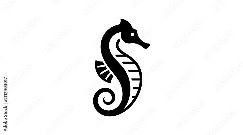Fototapeta premium Stylized Black Seahorse Icon Silhouette on White Background