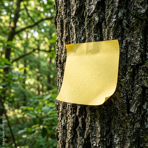Blank yellow sticky note pinned on rough bark of old tree trunk in lush green deciduous forest park.