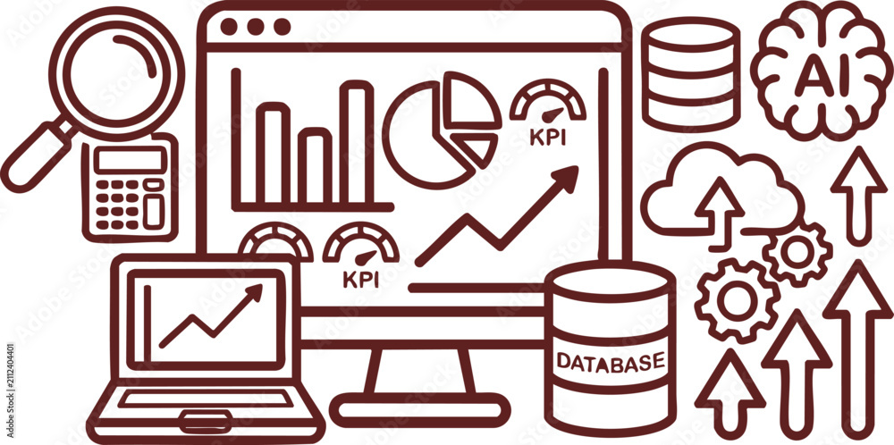 Fototapeta premium Data analytics vector illustration showing business performance metrics and technology icons