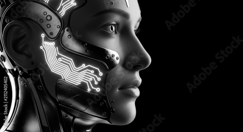 Detailed close-up profile portrait of a cybernetic female cyborg with glowing circuitry, representing advanced artificial intelligence and futuristic technology.