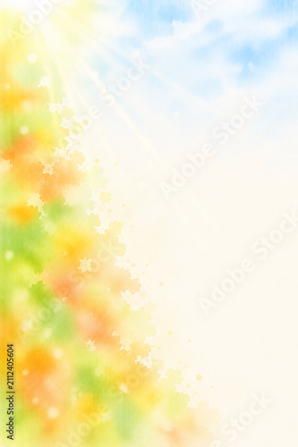 紅葉が始まった初秋の葉をイメージした抽象水彩背景　やさしい秋の光と青空が広がる余白デザイン